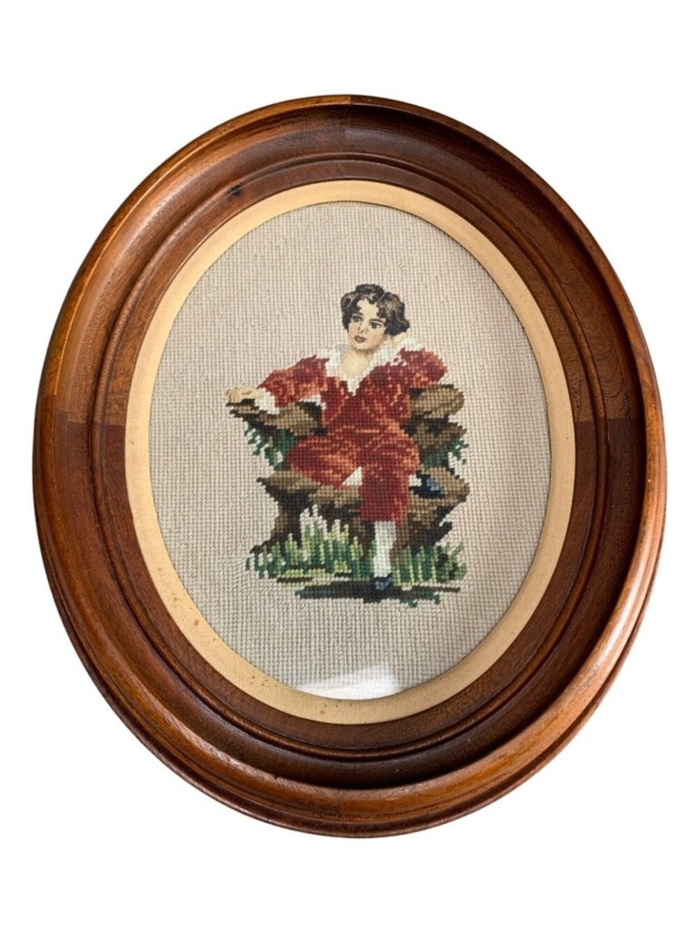 Oval Framed Needlepoint Art with Boy in Red Outfit 14x17 Vintage